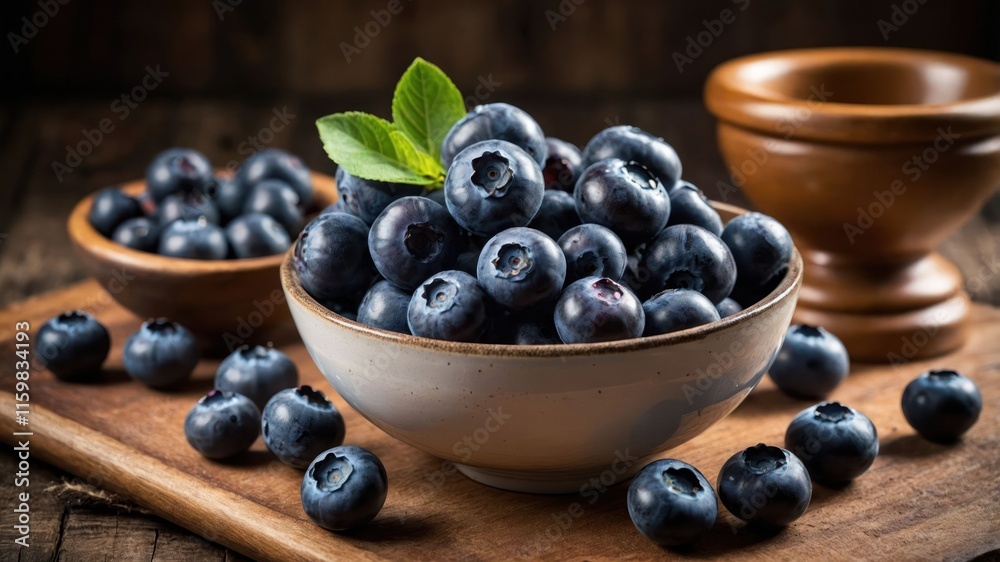 A bowl of fresh blueberries with green leaves, surrounded by scattered berries on a wooden surface. A bowl of fresh blueberries with green leaves, surrounded by scattered berries on a wooden surface.