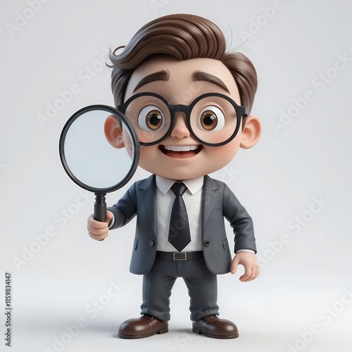 Adorable Cartoon Businessman with Magnifying Glass