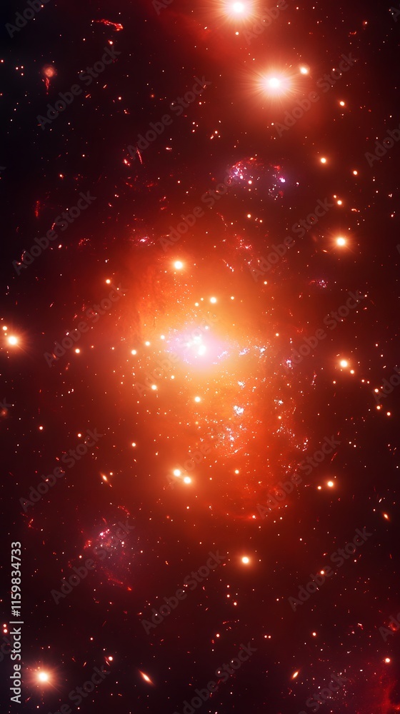 Naklejka premium Red-Orange Galaxy Cluster and Interstellar Dust