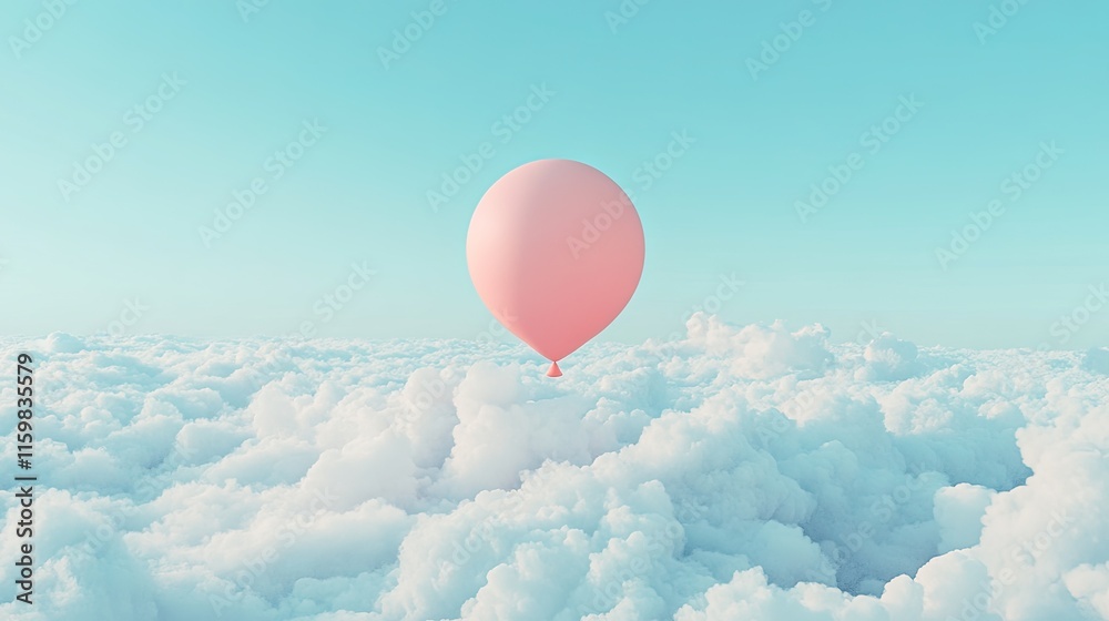 Fototapeta premium Pink Balloon Floating Above Soft White Clouds in Blue Sky