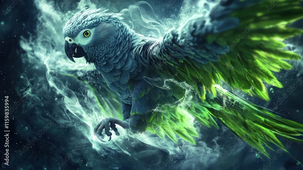 Fototapeta premium Majestic grey parrot in flight, surrounded by vibrant green and blue smoke.