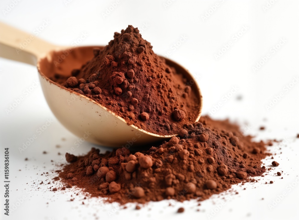 Brown cocoa powder spills from a light beige scoop. Isolated on a white background. Closeup view of the powdered ingredient. Chocolate flavor. Looks delicious.