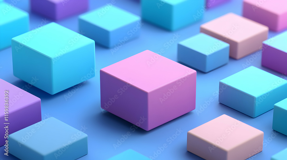 Abstract pastel cubes on blue background, modern 3D render, geometric shapes, color blocks, design element. Abstract pastel cubes on blue background, modern 3D render, geometric shapes, color blocks, design element.