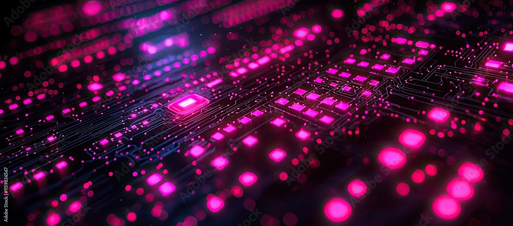 Abstract representation of a digital circuit board with glowing pink elements. Abstract representation of a digital circuit board with glowing pink elements.