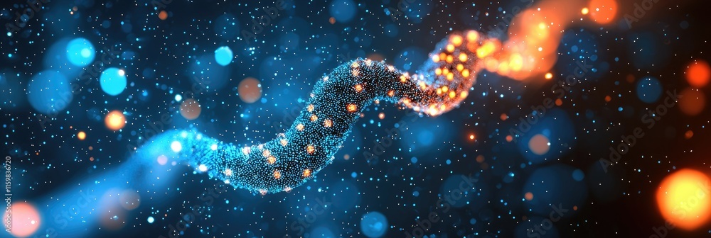 Abstract representation of a DNA strand with glowing particles in a vibrant background. Abstract representation of a DNA strand with glowing particles in a vibrant background.