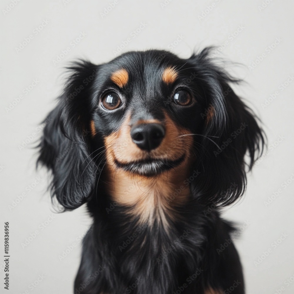 Close-up of happy black dachshund with fluffy ears Close-up of happy black dachshund with fluffy ears