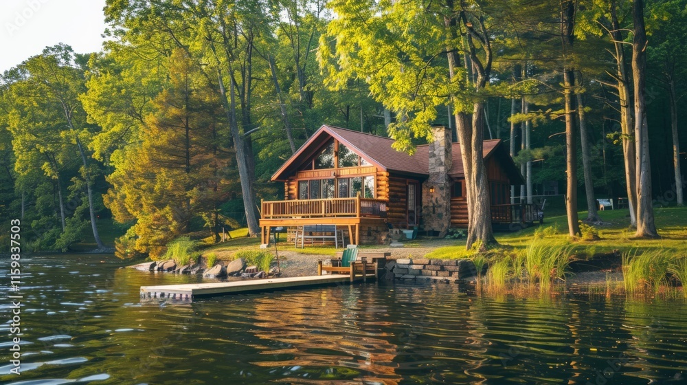 Obraz premium Lakeside cabin with a dock and serene water views