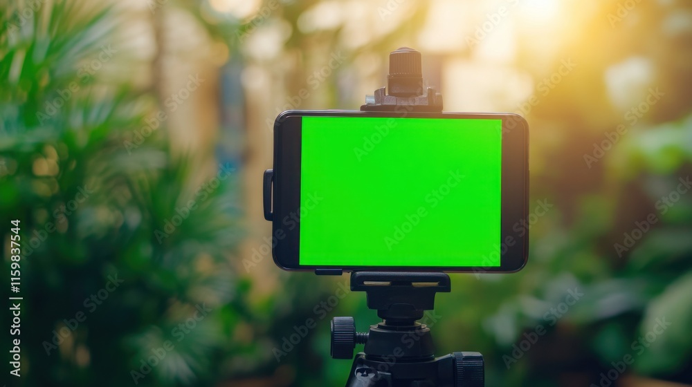 Tablet with chroma key green screen on tripod holder Tablet with chroma key green screen on tripod holder