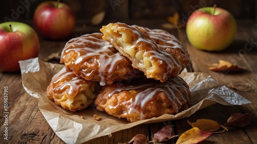 A stack of glazed apple fritters on parchment paper with fresh apples in the background.