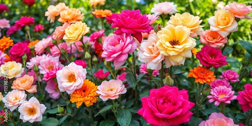 Vibrant and colorful background of assorted roses in full bloom, wallpaper, garden