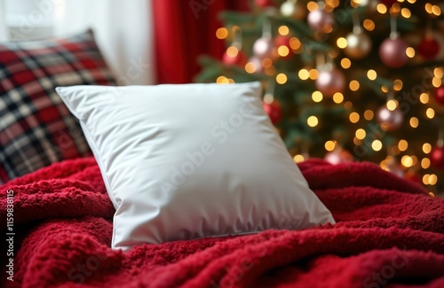 White square pillow on red blanket. Christmas tree in background with warm lights. Cozy home interior. Festive, relaxing atmosphere. Suitable for bedding, home decor, holiday-themed designs. Comfort, photo