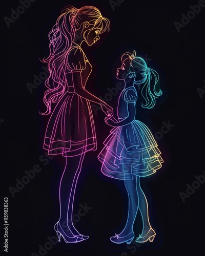 Illustration of full body little princess and her mom, neon gradient light blueon black background photo