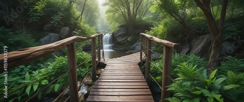 Wooden footbridge leading through vibrant greenery in Tiffany Falls Conservation Area,  environment,  path,  landscape photo