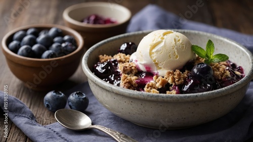 A delicious dessert featuring blueberry crumble topped with ice cream and fresh blueberries.