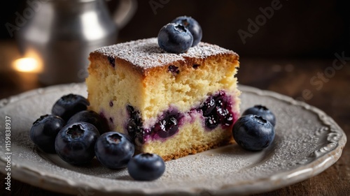 A slice of blueberry cake garnished with fresh blueberries on a decorative plate.
