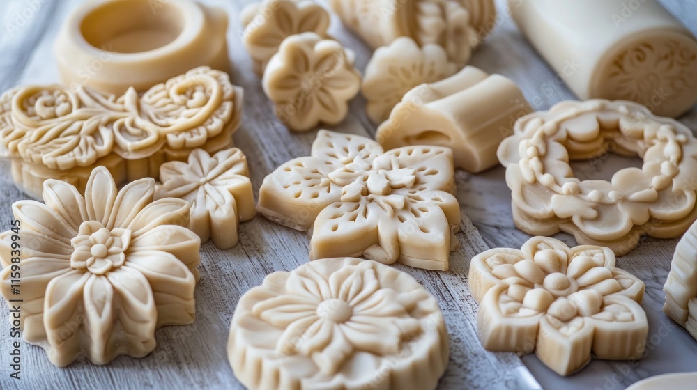 Handmade beige floral soap molds on wood. Handmade beige floral soap molds on wood.