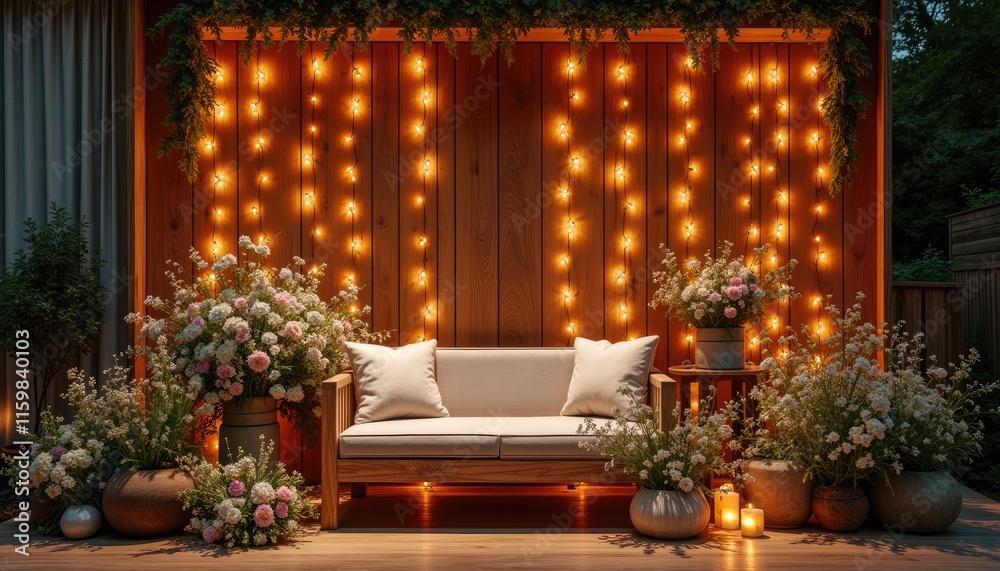 A cozy outdoor seating area features a white sofa with two white pillows, surrounded by potted plants and flowers, with a wooden wall adorned with orange lights and greenery. A cozy outdoor seating area features a white sofa with two white pillows, surrounded by potted plants and flowers, with a wooden wall adorned with orange lights and greenery.