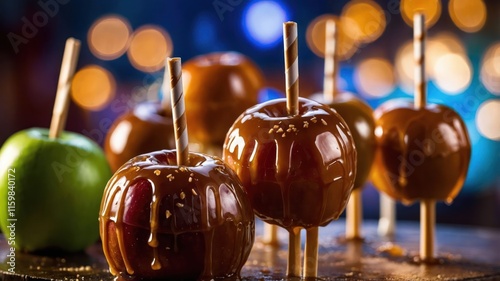 A close-up of caramel apples on sticks, with a green apple and a blurred festive background. photo