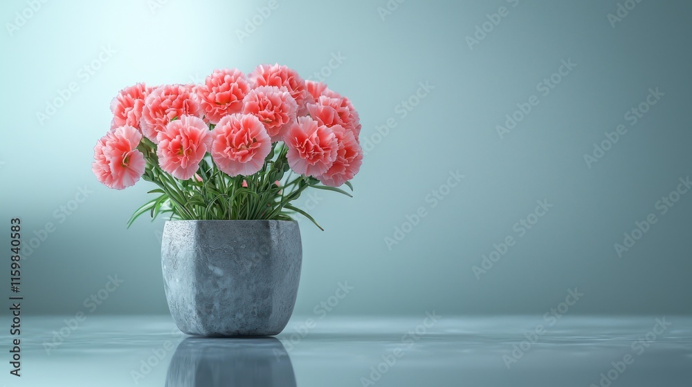 Obraz premium Pink carnations in a gray stone pot on a reflective surface.