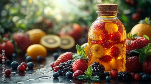 Golden honey jar with fresh berries and fruit