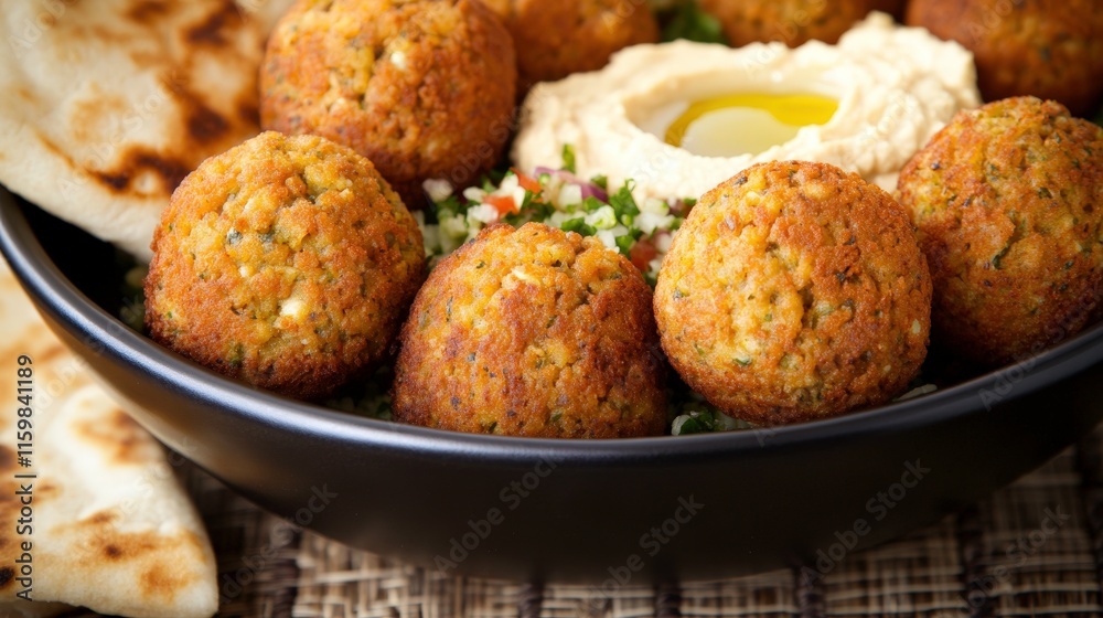 A bowl of falafel served with hummus and pita bread. A bowl of falafel served with hummus and pita bread.