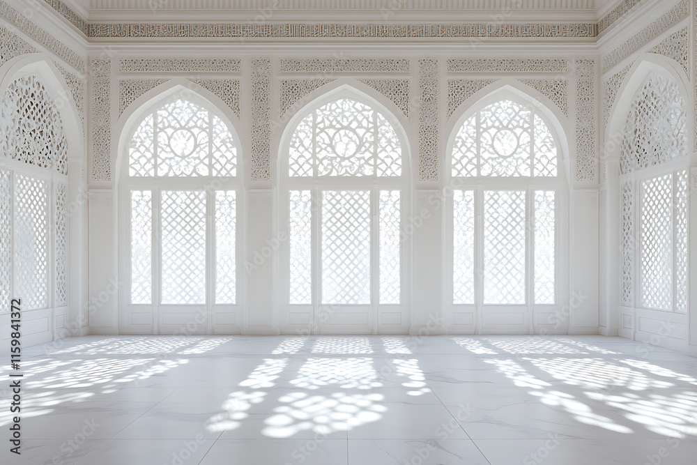 Fototapeta premium Elegant White Interior Design with Intricate Arabic Architecture