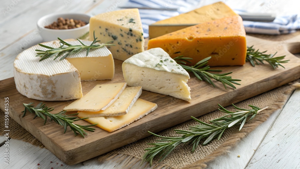 Assorted cheeses and rosemary on wooden board
Assorted cheeses and rosemary on wooden board