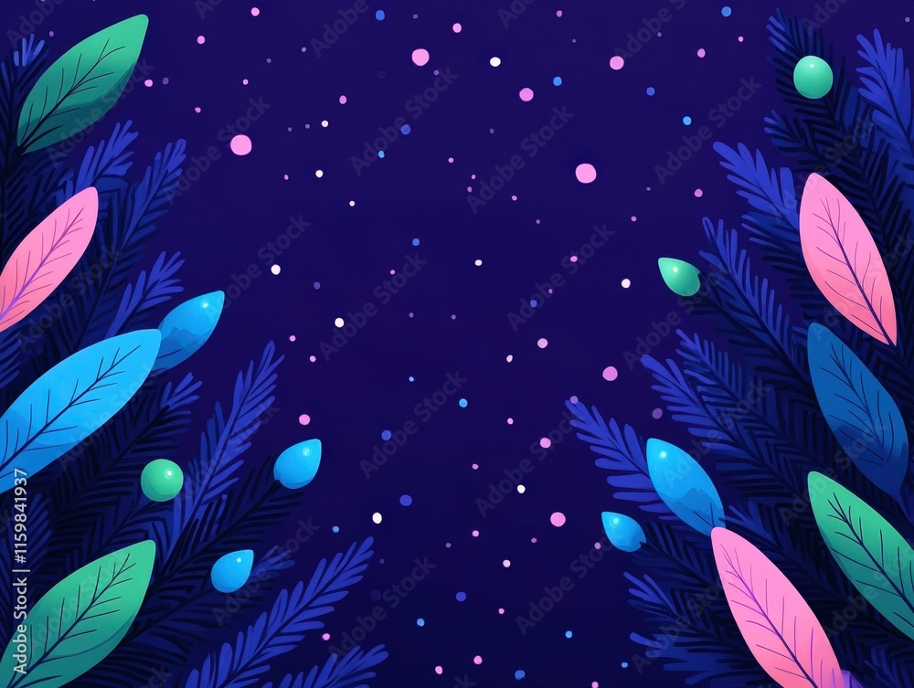A colorful, abstract design featuring leaves and a starry background. A colorful, abstract design featuring leaves and a starry background.