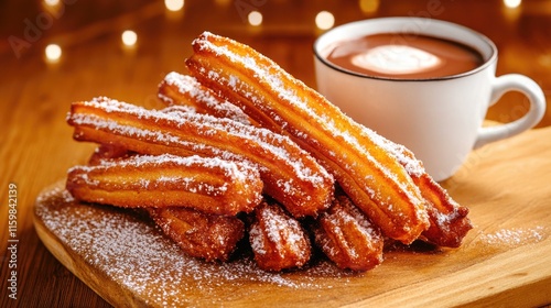 Golden crispy churros with hot chocolate and powdered sugar dusting Happy Cinco de mayo