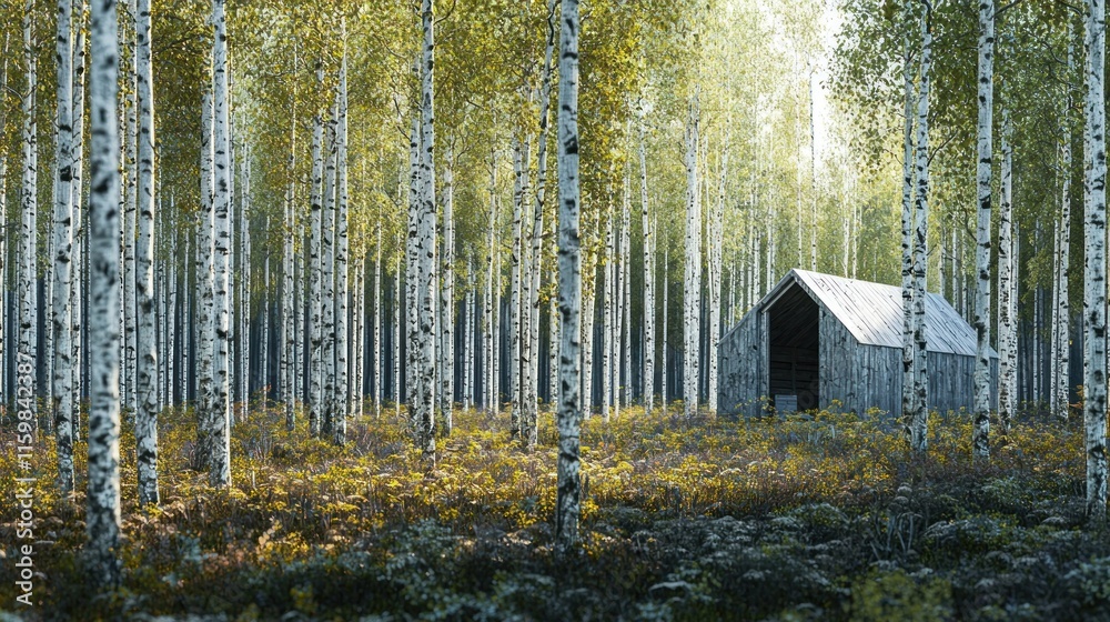 Fototapeta premium Rustic barn nestled in a sunlit birch forest.