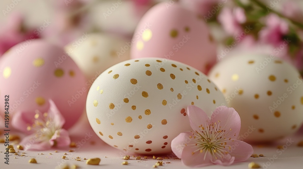 Elegant easter eggs with gold polka dots among cherry blossoms Happy Easter Elegant easter eggs with gold polka dots among cherry blossoms Happy Easter