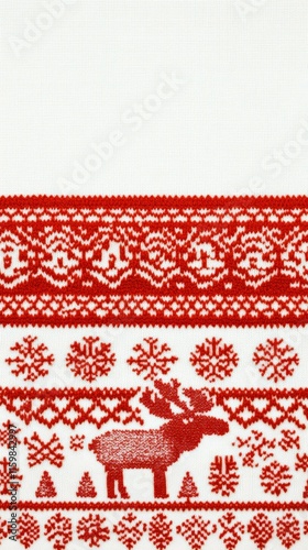 A festive red and white pattern featuring a moose and winter motifs. photo