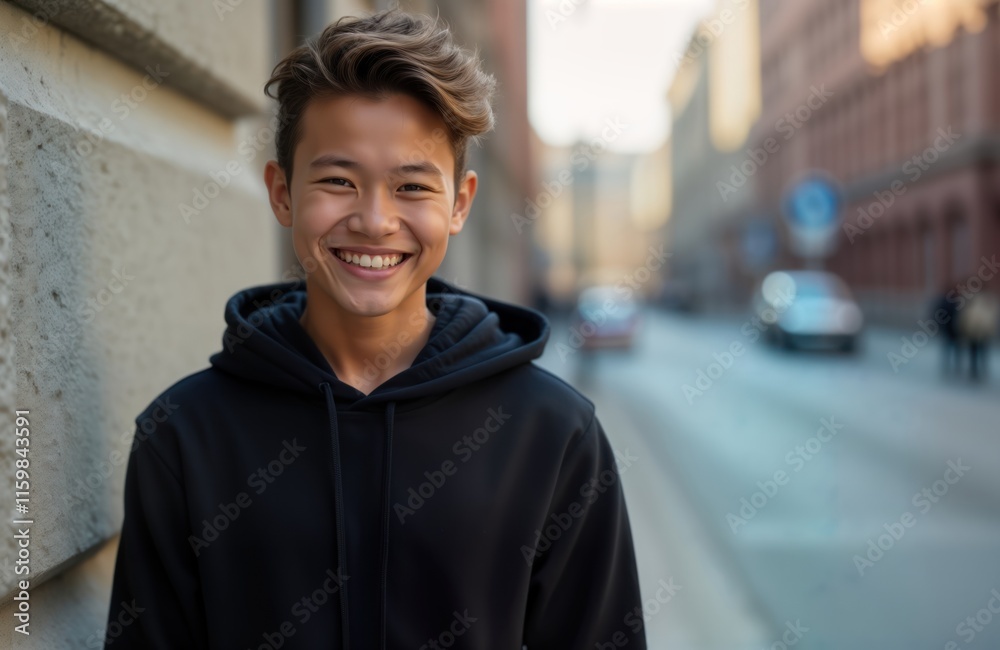 Smiling teenage boy stands outdoors on city street. He wears a black hoodie. Urban background is slightly blurred. The boy looks happy and confident. He is a youth. He is a positive person. Smiling teenage boy stands outdoors on city street. He wears a black hoodie. Urban background is slightly blurred. The boy looks happy and confident. He is a youth. He is a positive person.