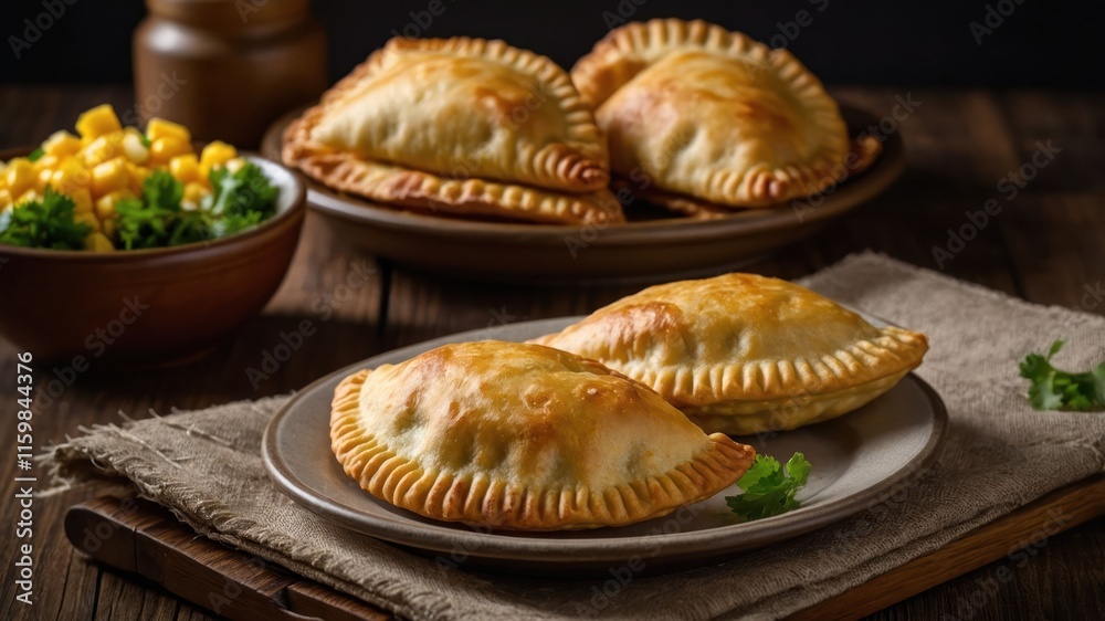 A plate of golden-brown empanadas served with a fresh salad on a rustic wooden table. A plate of golden-brown empanadas served with a fresh salad on a rustic wooden table.