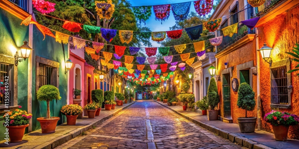 Fototapeta premium Vibrant Mexican street decorated for Dia de los Muertos celebration, mexican, street, vibrant, decorations