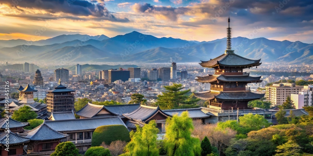 Obraz premium Panoramic view of Kyoto city skyline with traditional temples and mountains in the background, Kyoto, Japan, cityscape