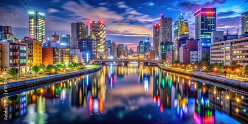 Vibrant skyline of Osaka at night with colorful lights reflecting on the river, Osaka, Japan, night, skyline