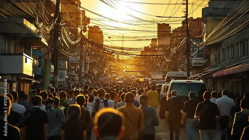 Pulling back from massive crowds in Mumbai, India from behind walking in slow motion backlit by the sun setting between buildings in the background.