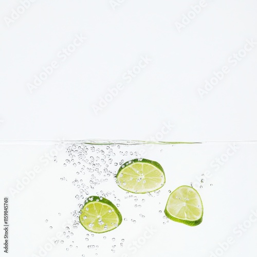 Chilled sparkling water with lime. Featuring lime wedges and ice