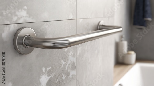 Close up of Stainless steel safety Grab Bars in Bathroom