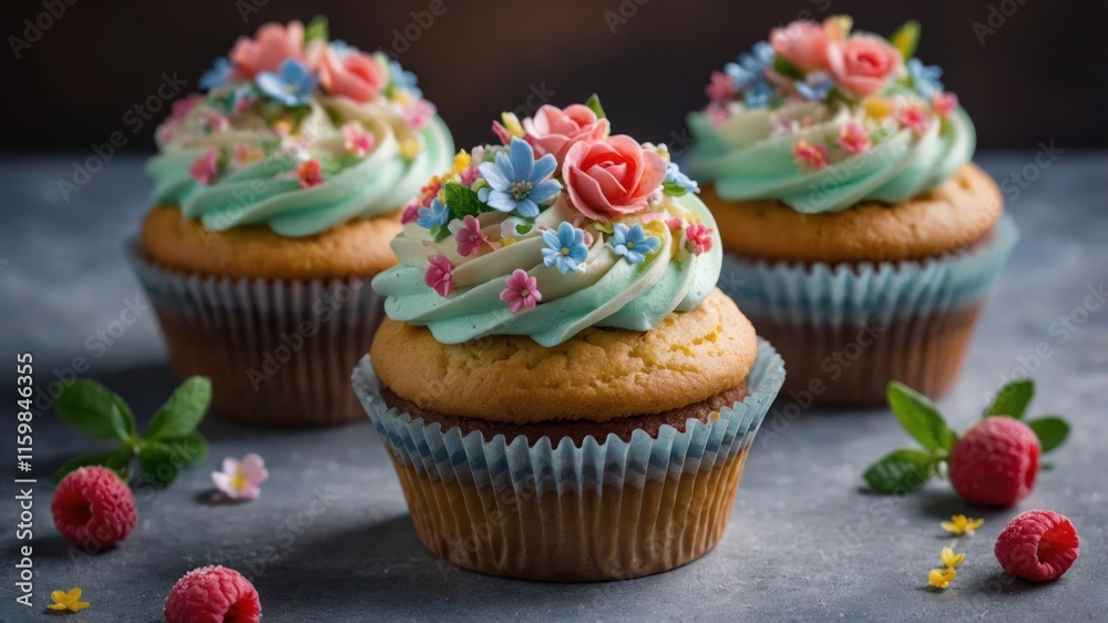 Three beautifully decorated cupcakes with floral toppings on a textured surface. Three beautifully decorated cupcakes with floral toppings on a textured surface.