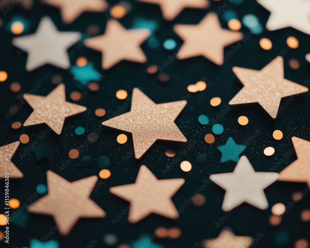 A vibrant arrangement of star-shaped confetti on a dark background. A vibrant arrangement of star-shaped confetti on a dark background.