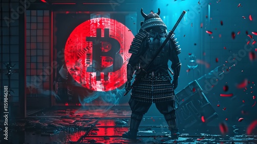 A samurai warrior wielding a katana sword stands defiantly under a neon lit futuristic city skyline and a glowing crescent moon