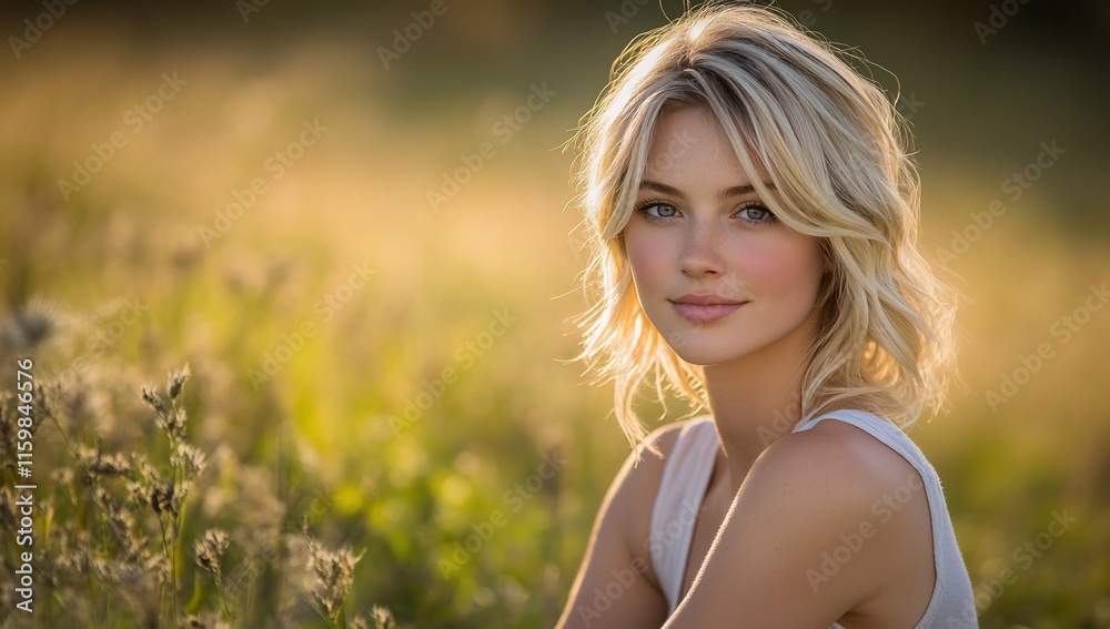 Naklejka premium Blonde woman smiling in a field at sunset.