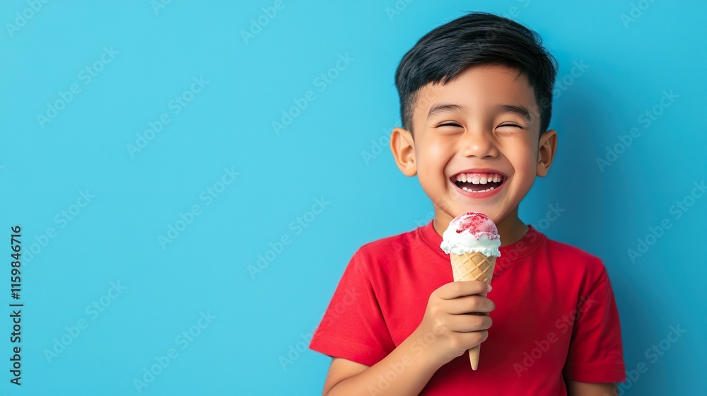 Smiling Boy Holding Ice Cream Cone Against Blue Wall Happy Childhood Joyful Expression Smiling Boy Holding Ice Cream Cone Against Blue Wall Happy Childhood Joyful Expression