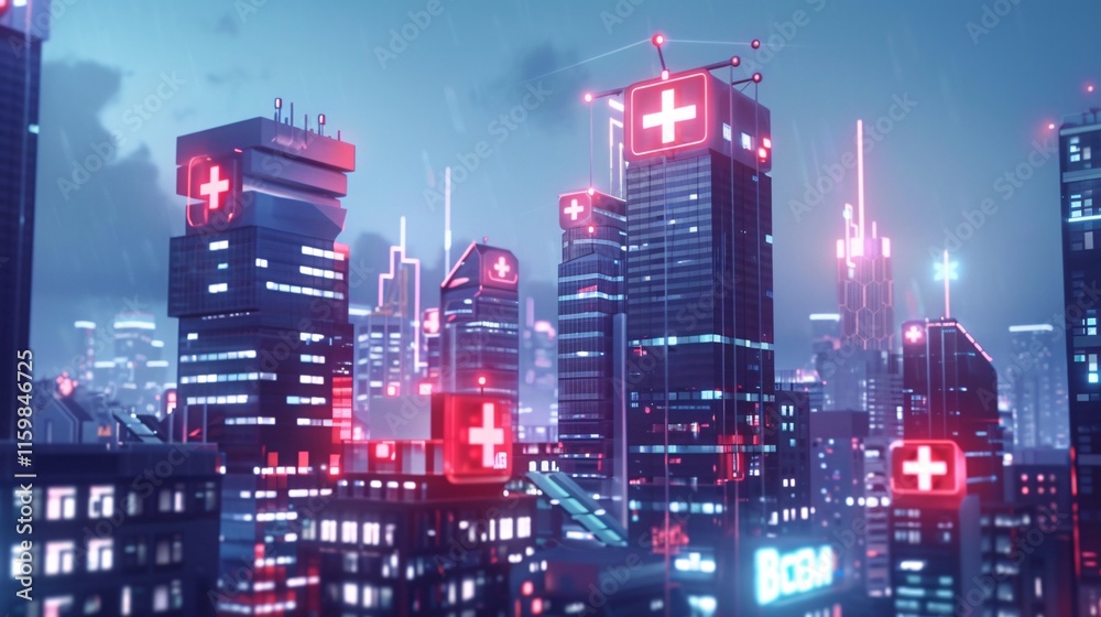 Fototapeta premium Futuristic and modern cityscape with illuminated skyscrapers glowing neon lights and high rise commercial buildings at night Conceptual image of a vibrant technologically advanced urban landscape