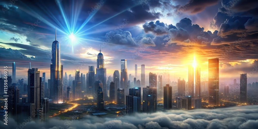 Fototapeta premium A hopeful sunrise breaking through grey clouds over a futuristic cityscape with skyscrapers and neon lights, dawn of a new era, optimism