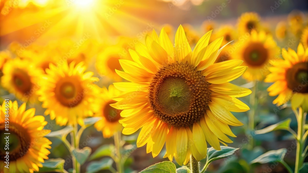 Bright yellow petals of sunflowers illuminated by soft morning light, casting a warm glow on the surrounding area, soft morning light, natural light