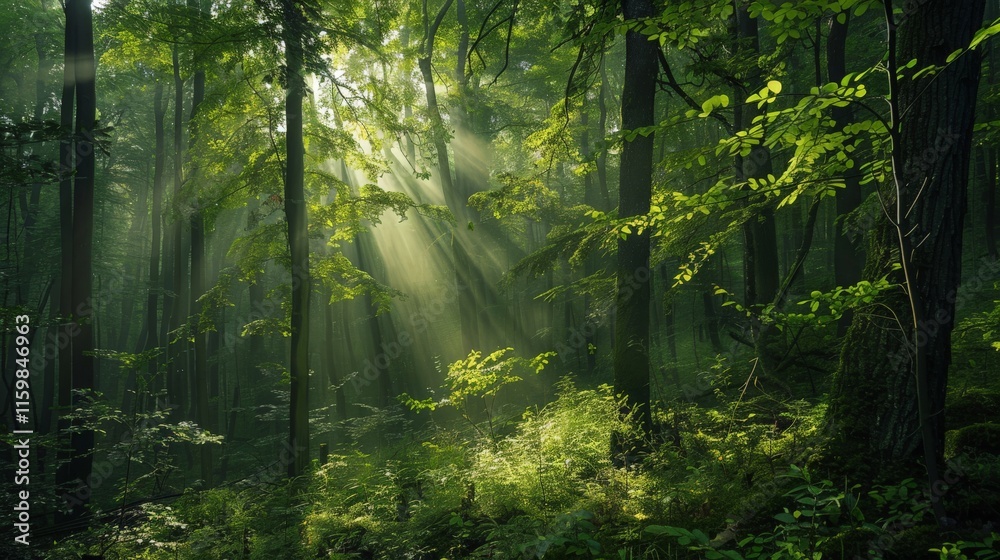 Fototapeta premium Lush green forest, sunlight filtering through leaves