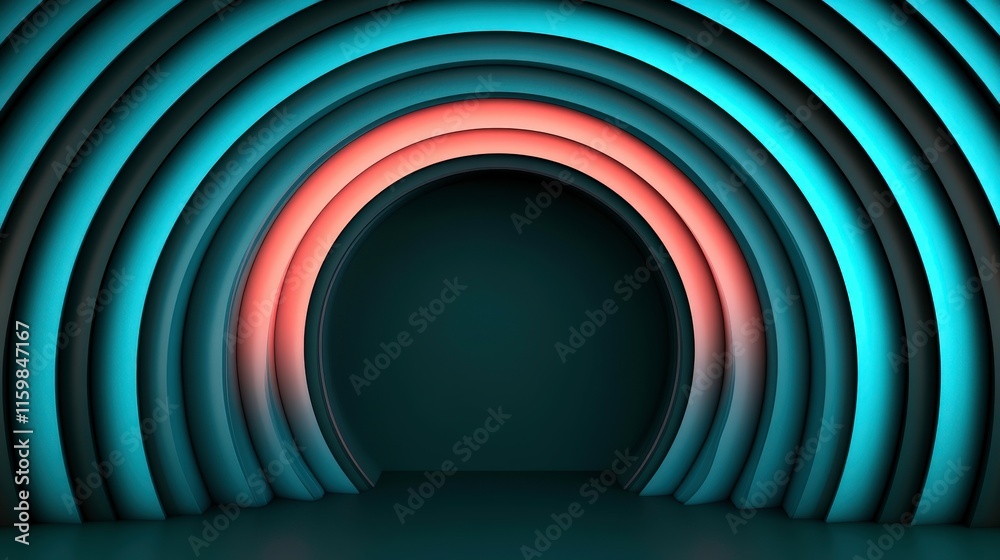 A vibrant, abstract backdrop featuring layered arches in teal and pink hues.
